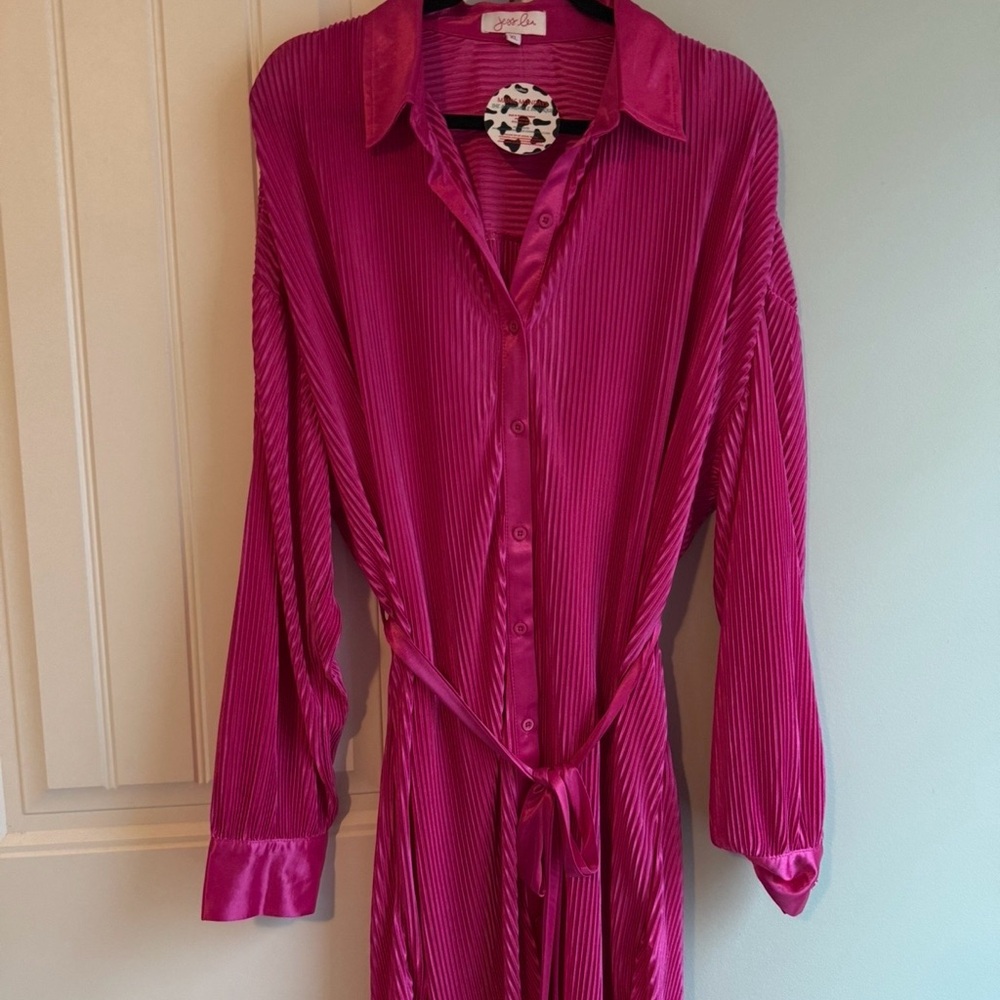 Vibrant Pink Pleated Shirt Dress